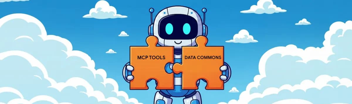 A stylized graphic representing interconnected data nodes and AI processing, illustrating the purpose of Data Commons AI in standardizing public data for developers.