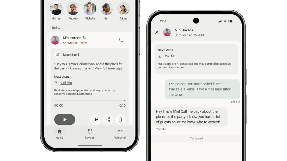 A Pixel phone displaying the 'Take a Message' interface, showing a real-time transcription of an incoming call being screened by Google Assistant.