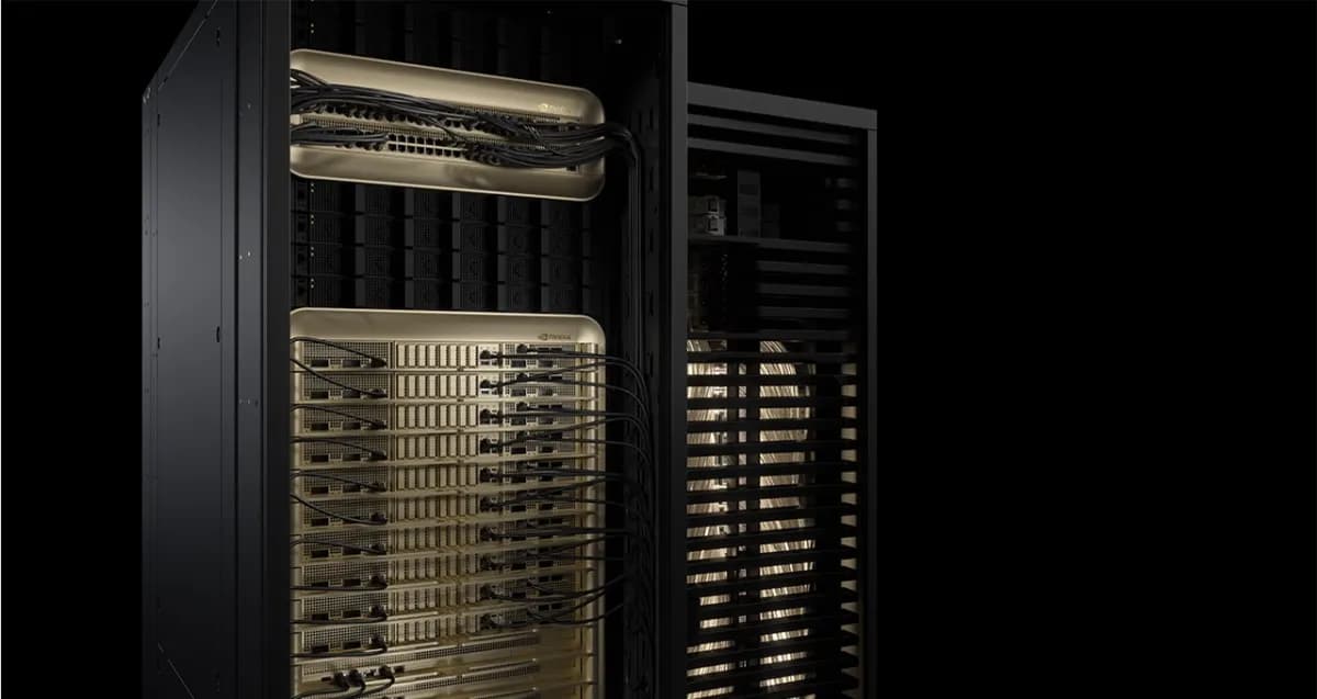 ** A detailed view of liquid-cooled NVIDIA GB300 NVL72 racks within a Microsoft Azure data center, showcasing the advanced supercomputing cluster for AI. **