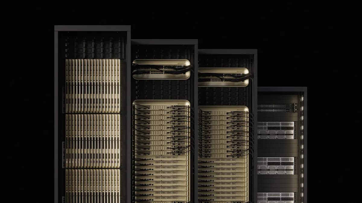 A conceptual rendering of NVIDIA Vera Rubin NVL144 MGX rack servers in a liquid-cooled data center environment, highlighting 800 VDC infrastructure.