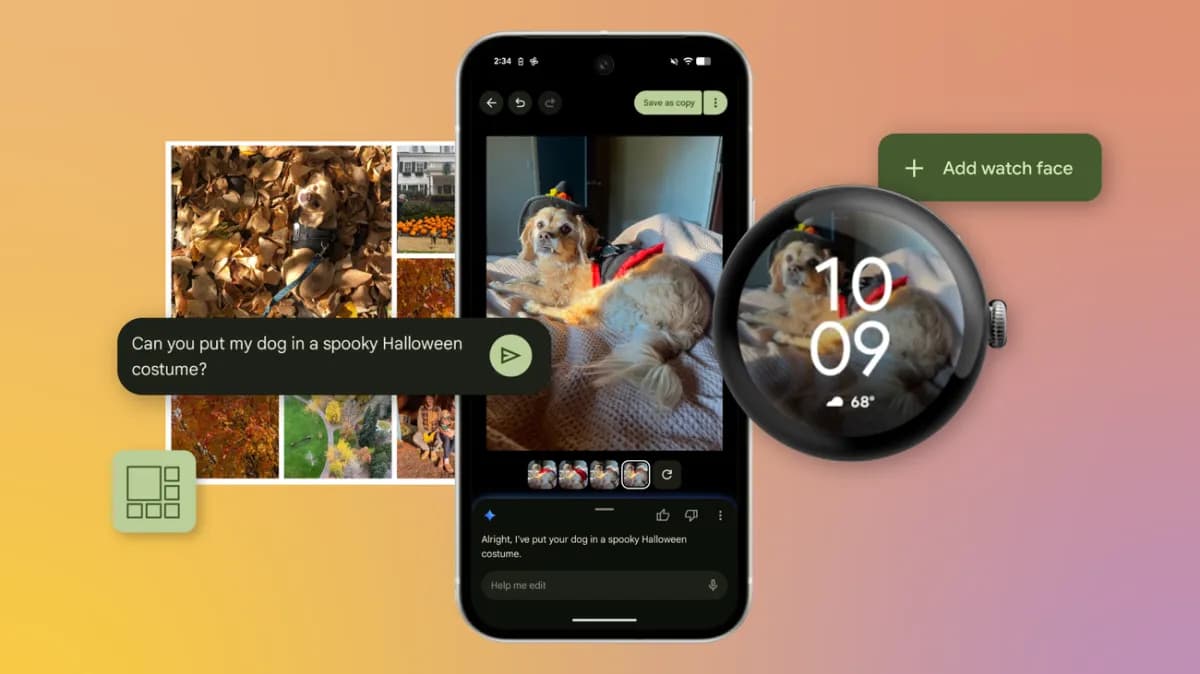 Google Pixel AI Halloween features demonstrated with a Pixel phone and Watch 4 displaying festive, AI-generated content.