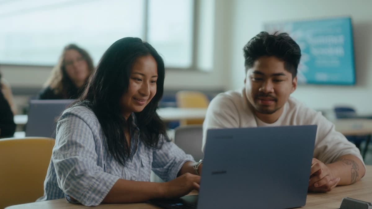 A student using Gemini for Education on a laptop, demonstrating AI-powered learning tools in a university setting.