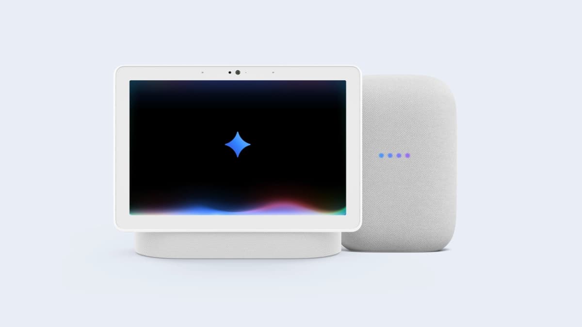 A Google Nest Hub displaying the Google Gemini for Home interface, illustrating advanced AI integration in a smart home setting.