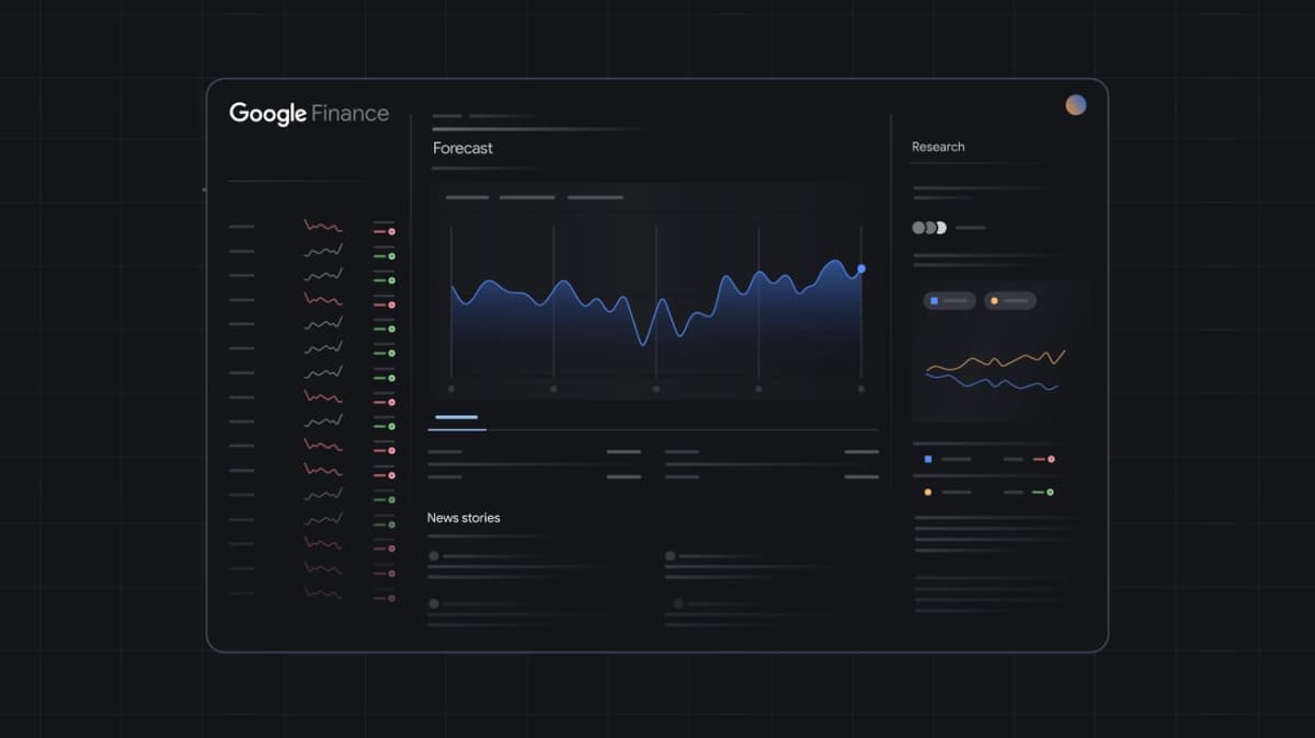 Screenshot of Google Finance AI features in action, showing Deep Search results and prediction market data for financial analysis.