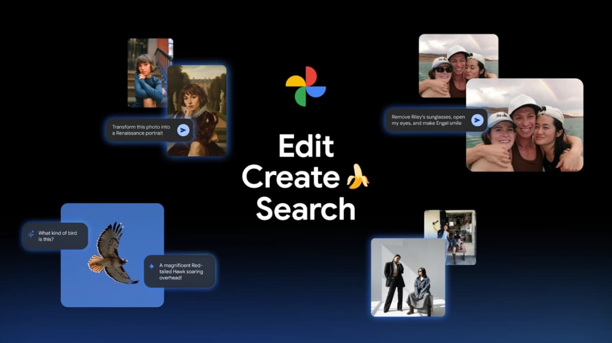 Google Photos AI features demonstrate natural language editing, generative restyling, and conversational search capabilities.