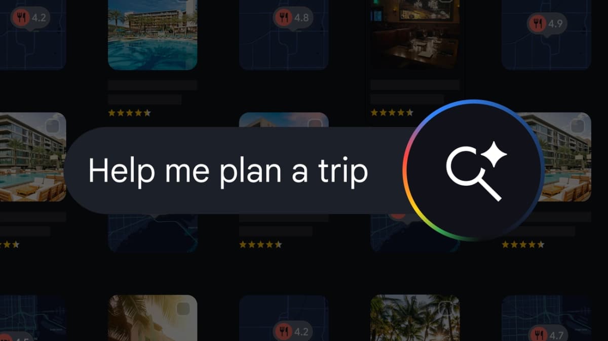 An illustration of a user interacting with Google AI travel planning features, showing a map, flight deals, and booking options on a screen.
