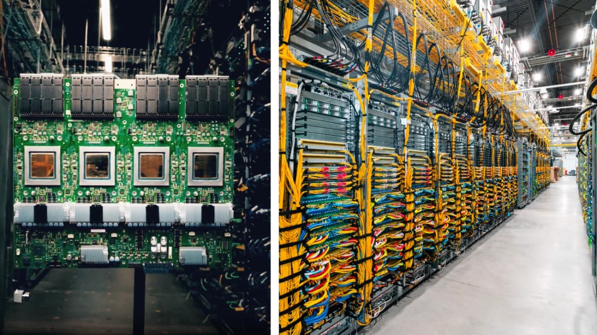 A detailed render of Google TPU Ironwood chips interconnected within a superpod, highlighting its advanced architecture.