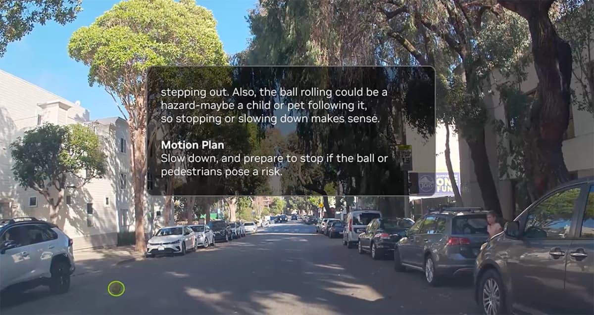 NVIDIA autonomous driving AI model Alpamayo-R1 demonstrating chain-of-thought reasoning in a complex urban scenario.