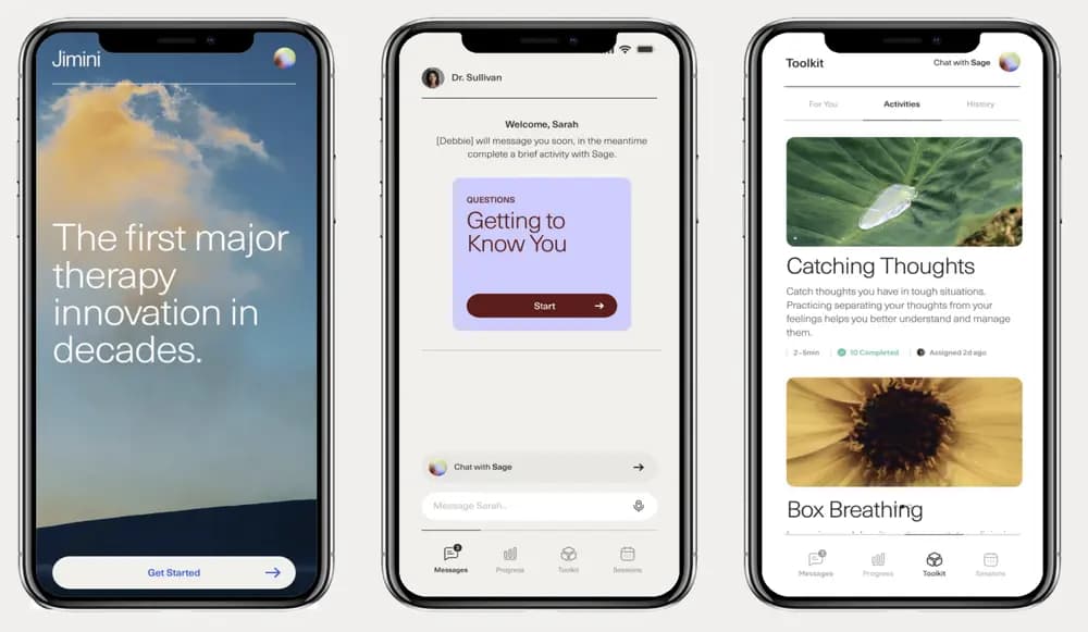 Jimini Health platform showcasing its AI-augmented therapy experience.