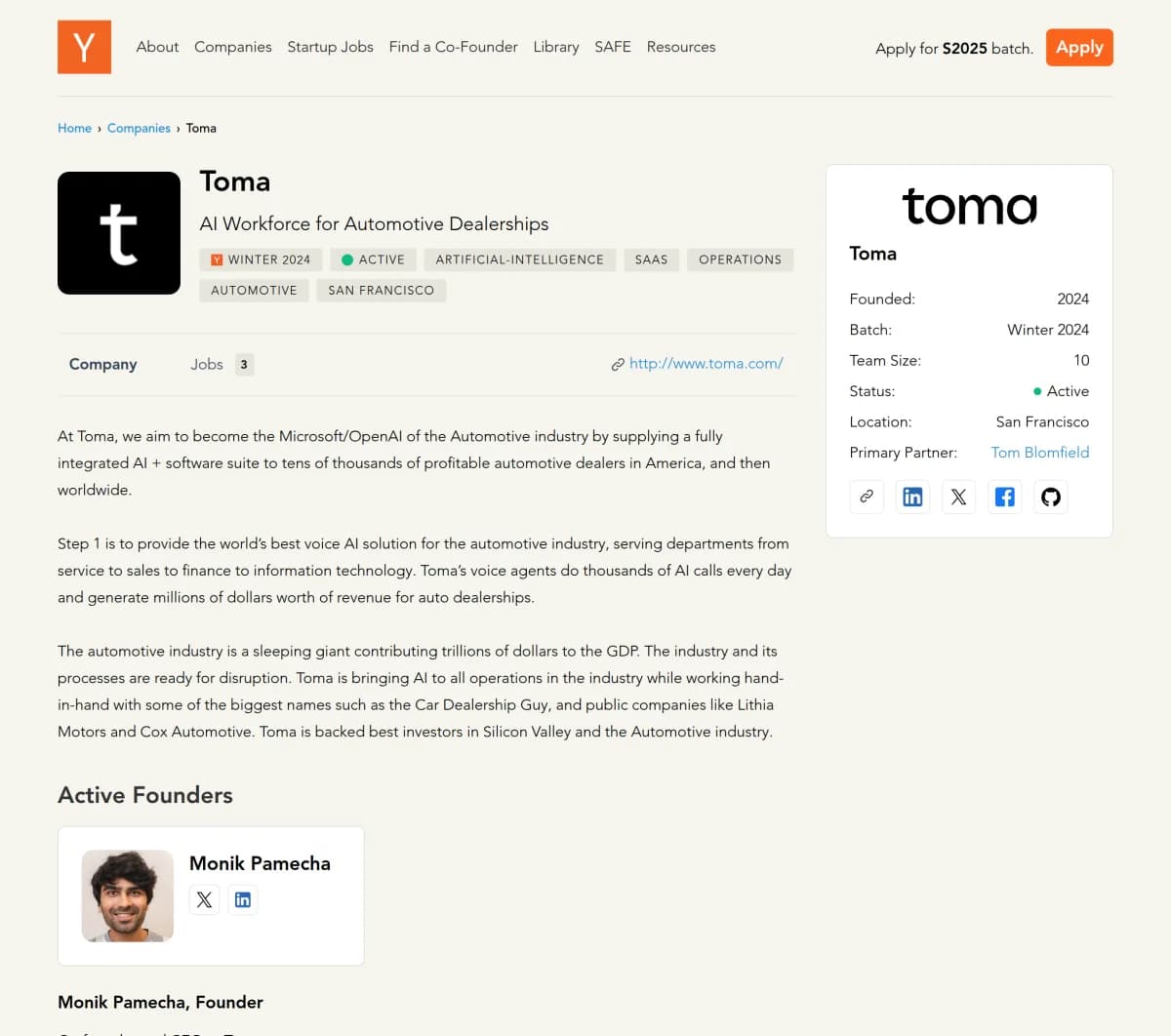 Screenshot of Toma Series A Funding $17 Million