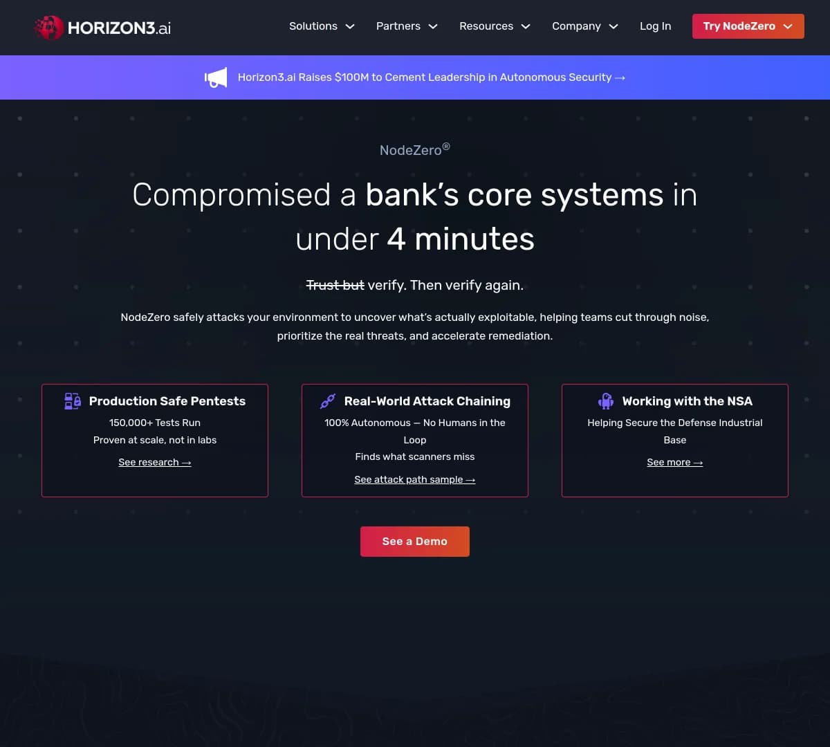 Screenshot of Horizon3.ai $100 Million Funding Round