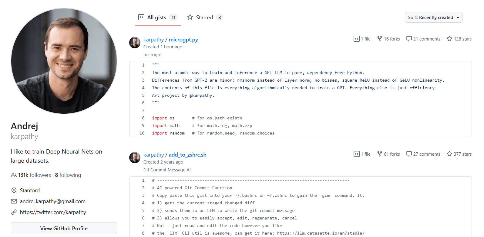 Karpathy's microGPT code snippet demonstrating minimalist AI LLM training