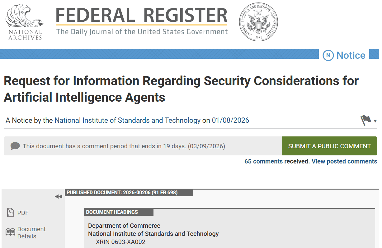 NIST AI agent security request for information document details
