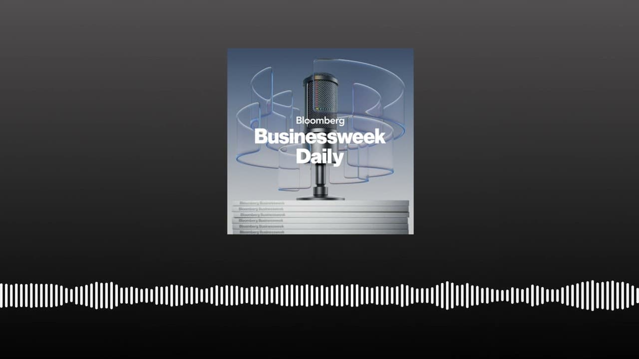 Microphone with abstract blue light rings, representing the Bloomberg Businessweek Daily podcast.