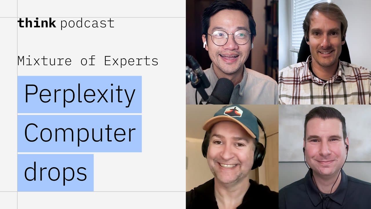 Four split screens showing Tim Hwang, Gabe Goodhart, Chris Hay, and Aaron Baughman discussing AI.