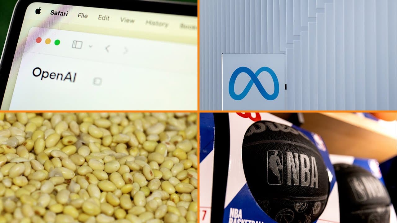 Screens showing OpenAI logo, Meta logo, and soybeans with Bloomberg Money Minute graphics.