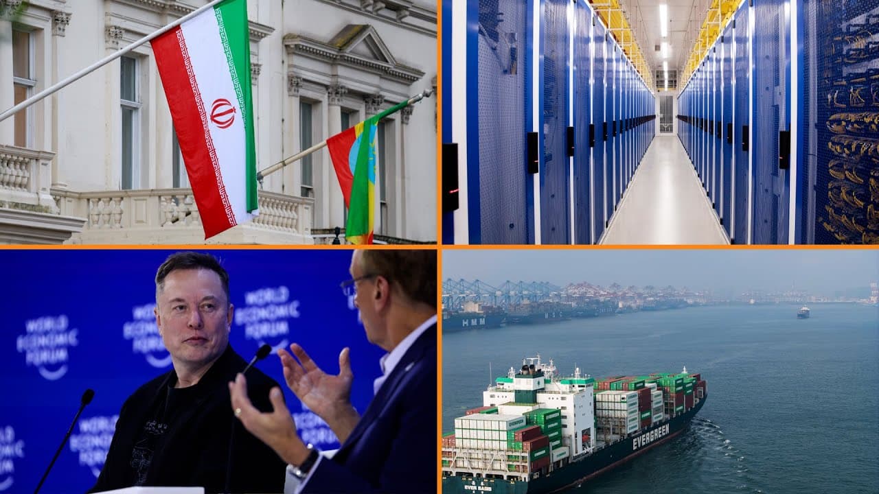 Split screen showing flags of Iran and a data center, with Elon Musk speaking at an event, and a cargo ship in a harbor.